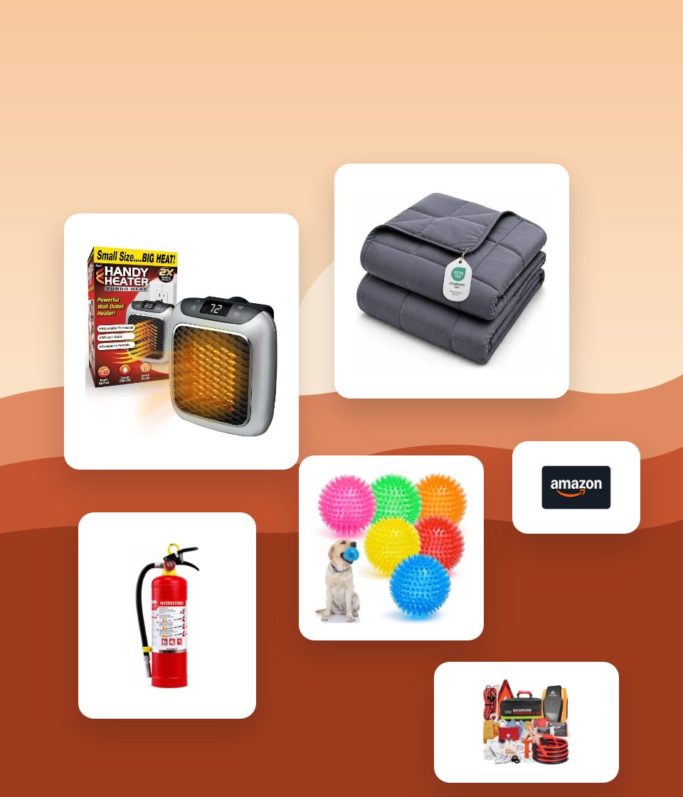Products from the store set against a sunset landscape